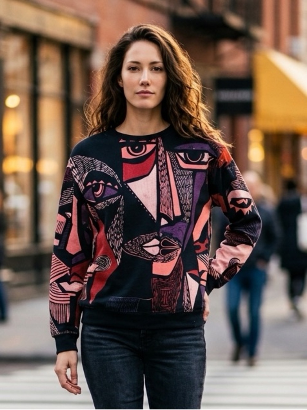 PixieLady Women’s Abstract Face Art Print Top Blouse Women’s Small Boho
